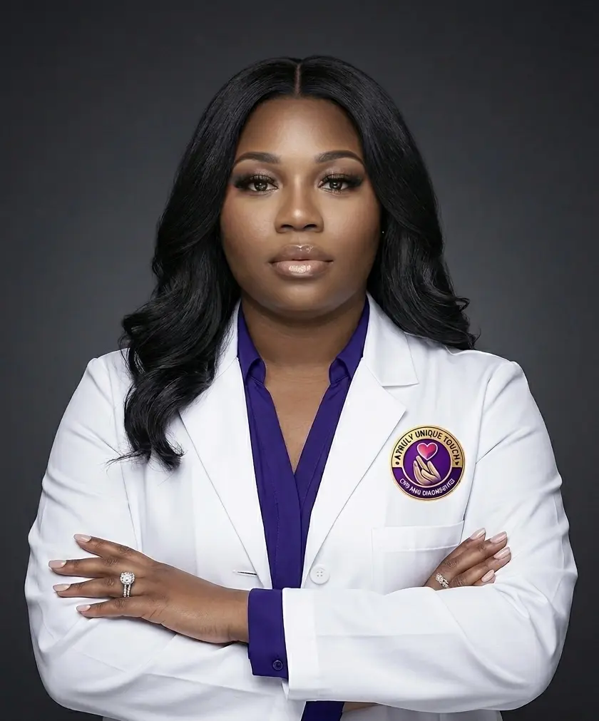 Valerie C., RN, owner and founder, wearing a white lab coat over purple attire